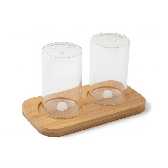 Glass Salt & Pepper Shaker Set 2 Pcs with Wooden Base